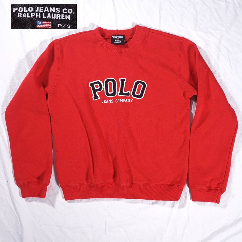 Polo Jeans Spell Out Crewneck Sweatshirt Red Womens Small Embroidered Patch